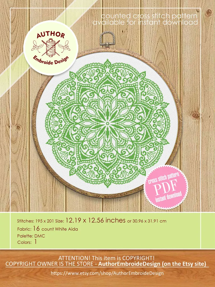 Floral mandala cross stitch pattern download PDF Monochrome cross stitch chart, Simple mandala pattern digital PDF, Mandala ornament #M265