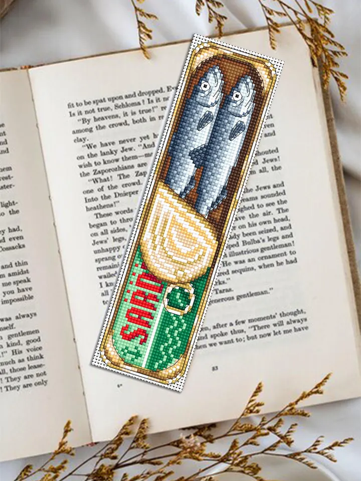 Sardine bookmark cross stitch pattern PDF download Canned sardines cross stitch chart, Funny bookmark pattern digital PDF, Small fish #B437