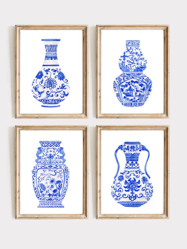 Blue Chinoiserie Set Of 4 Ginger Jars, Watercolor Painting, Vintage Chinoiserie, Chinese Vase Prints, Housewarming Gift, Chinoiserie Art