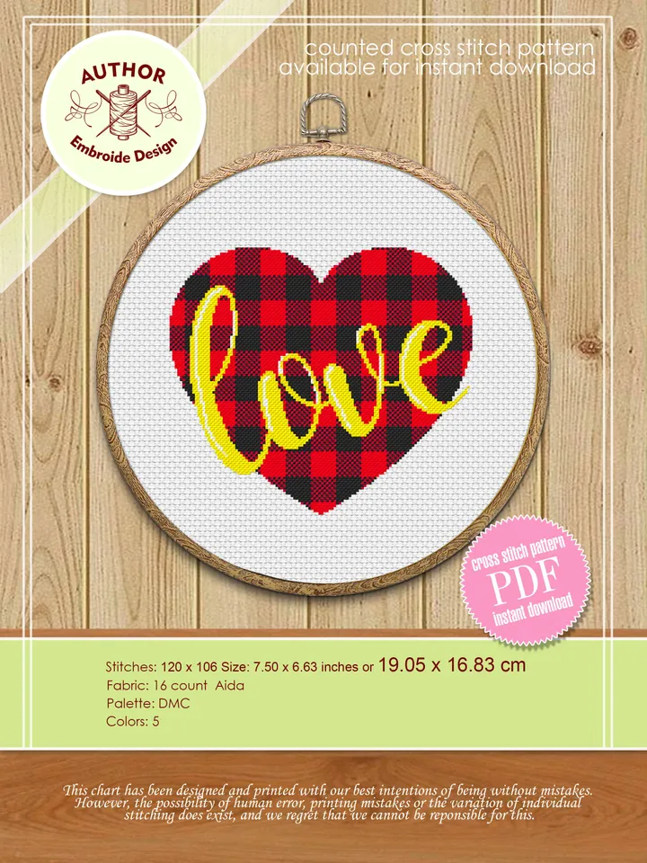 Heart buffalo plaid cross stitch pattern download PDF, Valentine's day cross stitch chart, Love quotes beginner stitch, Heart embroidery #V1