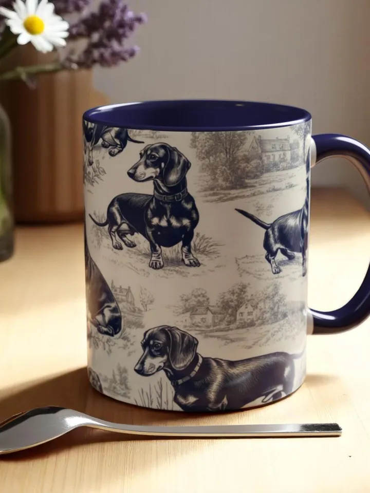 Dachshund French Toile de Jouy Ceramic Mug, Toile Coffee Cup for Doxie Mom, Sausage Dog Lover Gifts, Dog Tea Drinkware, Gift For Dog Lovers