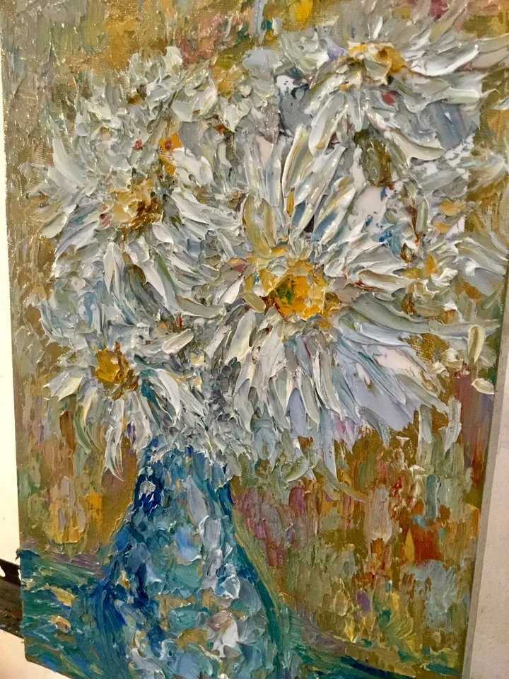 Daisies original oil impasto style painting,flowers in a vase oil painting,one of a kind original painting on 3 d canvas,flowers wall art