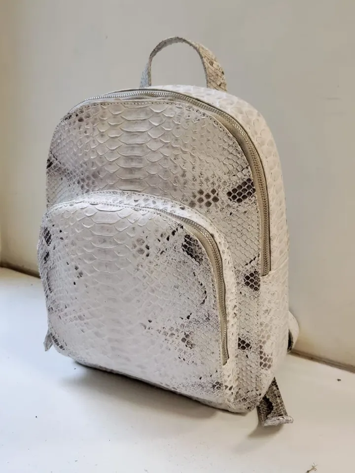 Genuine python skin white backpack | designer women bags | exotic leather purse | trendy casual snakeprint bleached backpack with pockets |