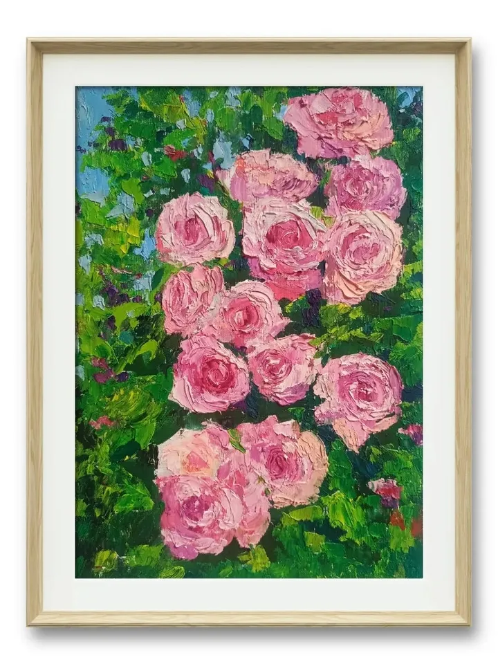 Pink flower portrait, pink flowers, pink flowers, oil painting, original art, beautiful flower painting art Roses art flower art impasto