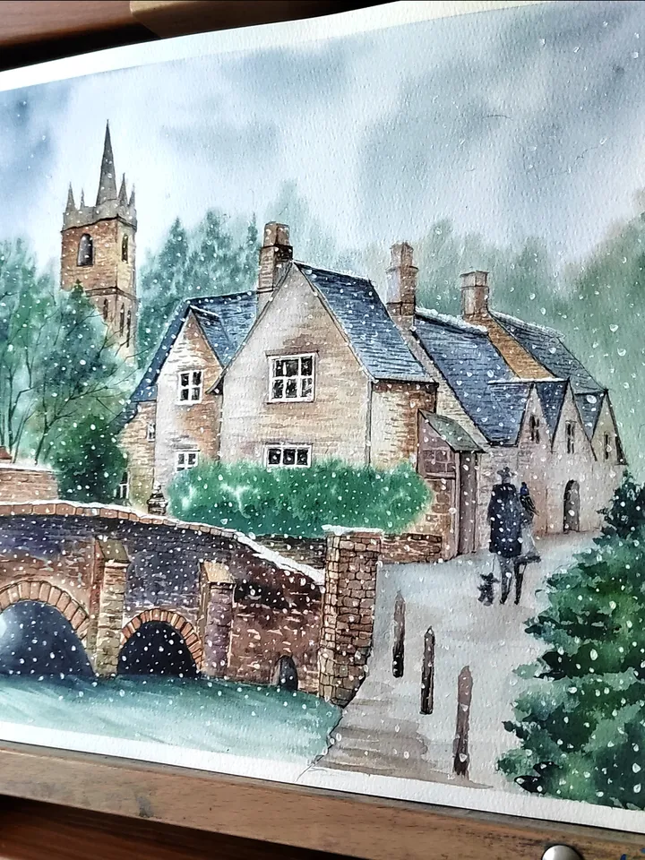 Winter Landscape Painting Original Watercolor Artwork Castle Combe Village Art 11.81x15.75 in by Art Café