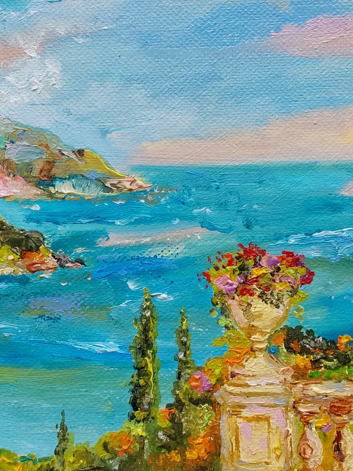 "Terrace overlooking the sea" oil painting on canvas 35x25cm (14x10 inch)