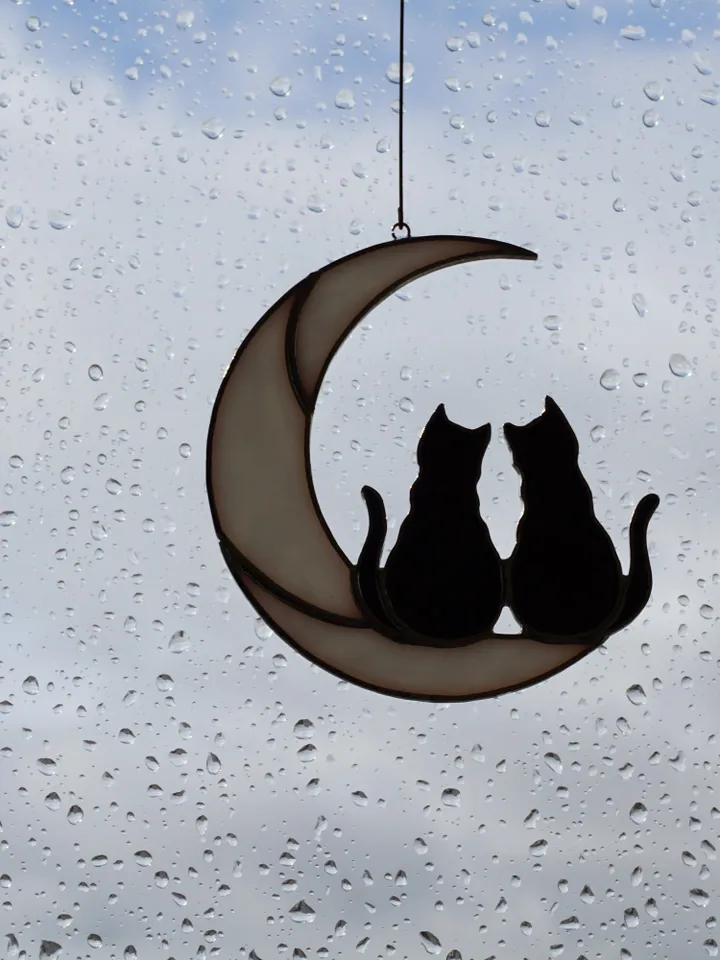 Two Black Cats On The Moon . Stained glass window hanging Suncatcher . Gift for animal lover , pet loss memorial 2