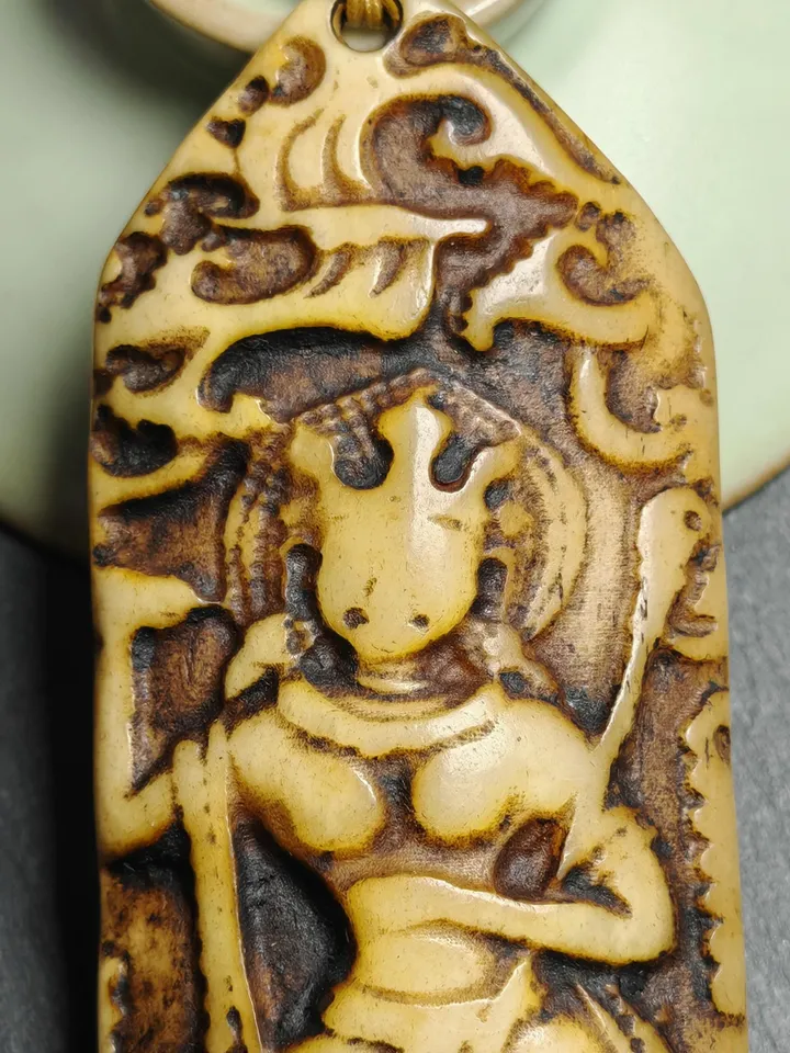 Gandhanra Vintage Yak Bone Carved Troma Nagmo Amulet - Tibetan Buddhist Black Dakini Female Deity Pendant