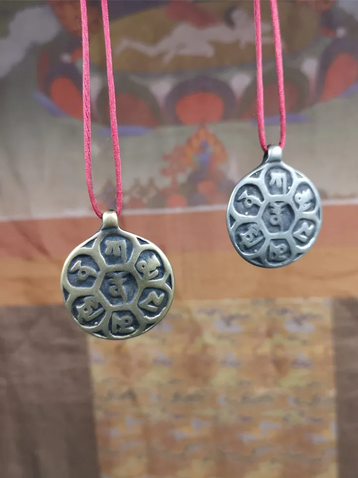 Gandhanra Handmade Tibetan Buddhist Amulet,Om Badge Pendant, Mantra of Om Mani Padme Hum, Made of Brass,1.26"