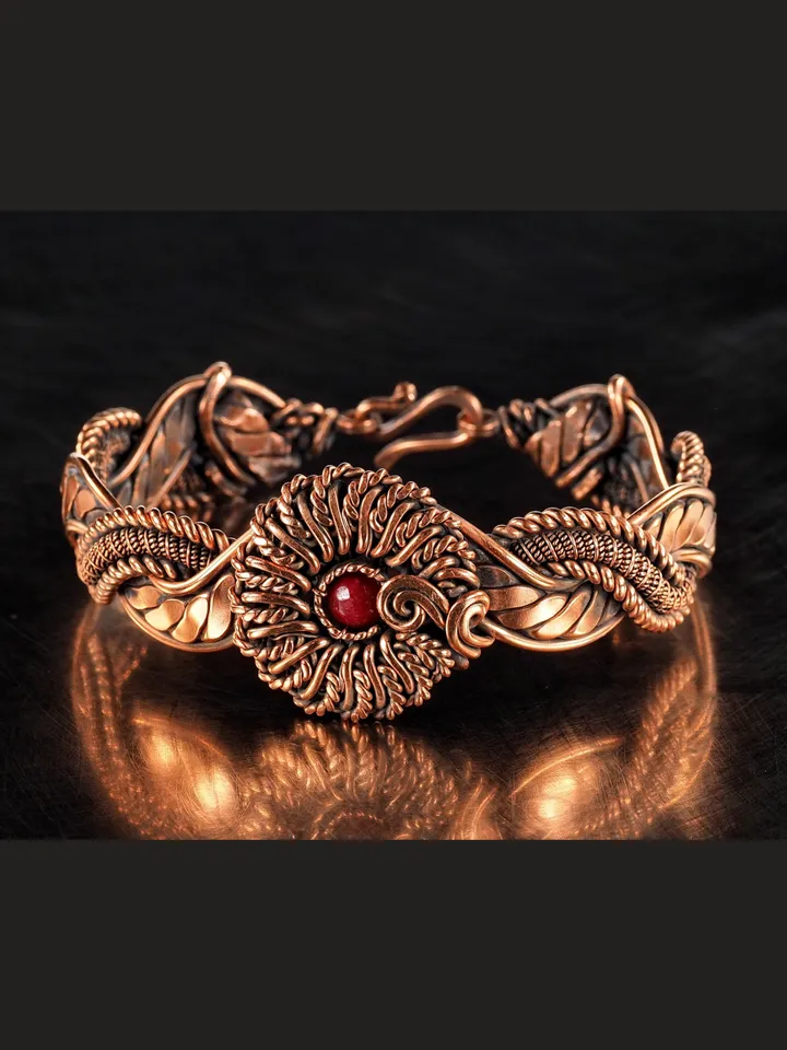 Copper wire wrapped red Agate bracelet for woman, Statement flower jewelry, 7th Anniversary gift for her woman, Unique copper jewelry, Braided Art Nouveau antique style bracelet, Oxidized pure copper, Handmade