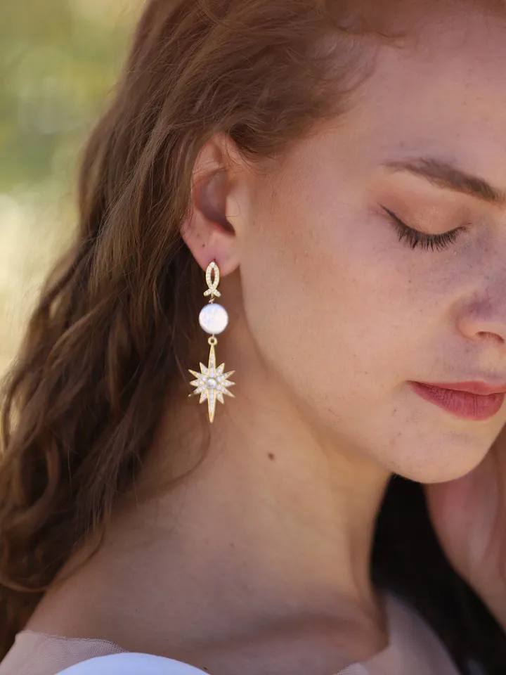 Natural Baroque Pearl Rose Gold Star Long Wedding Earrings, Art Deco Wedding Jewelry For Bride, 1920s Jewelry, Celestial Statement Earrings