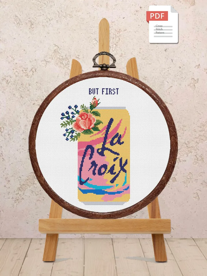 But First La Croix Cross Stitch Pattern, Kitchen Cross Stitch, Embroidery Drink, Drink Cross Stitch Pattern, Modern Cross Stitch #kt014
