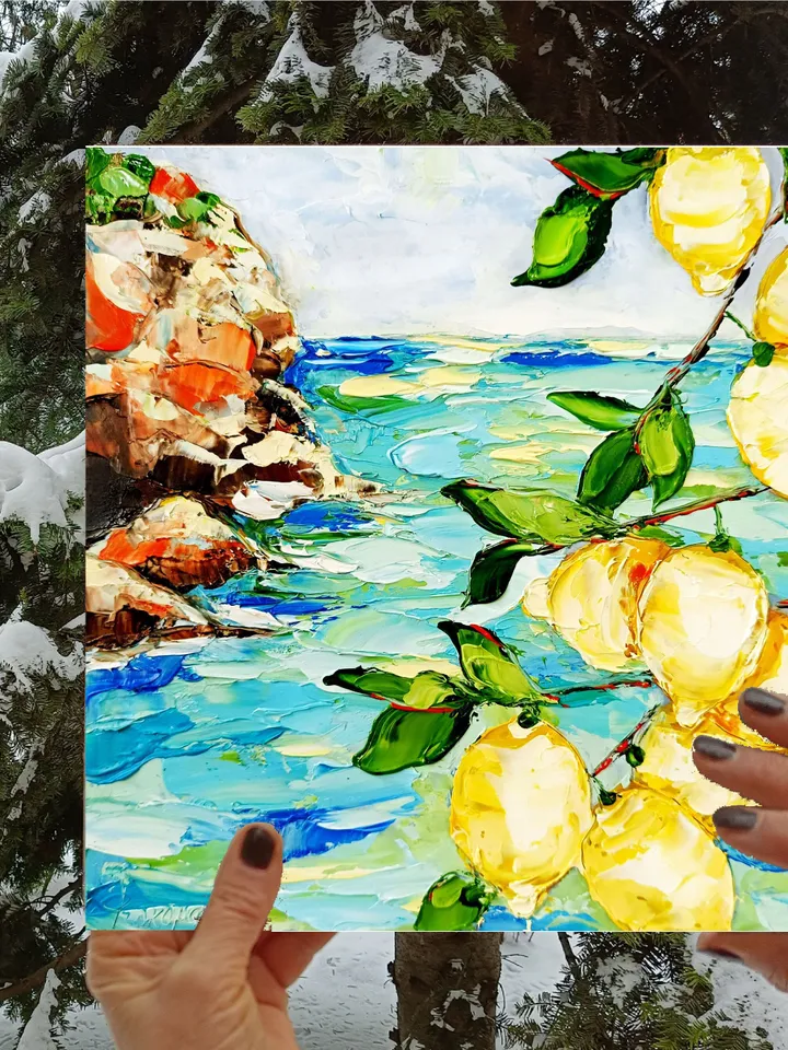 Lemon Painting Italy Seascape Original Art Impasto Oil Painting Signed painting Coastal Painting Amalfi Art Italy Painting ArtProkopaloSv