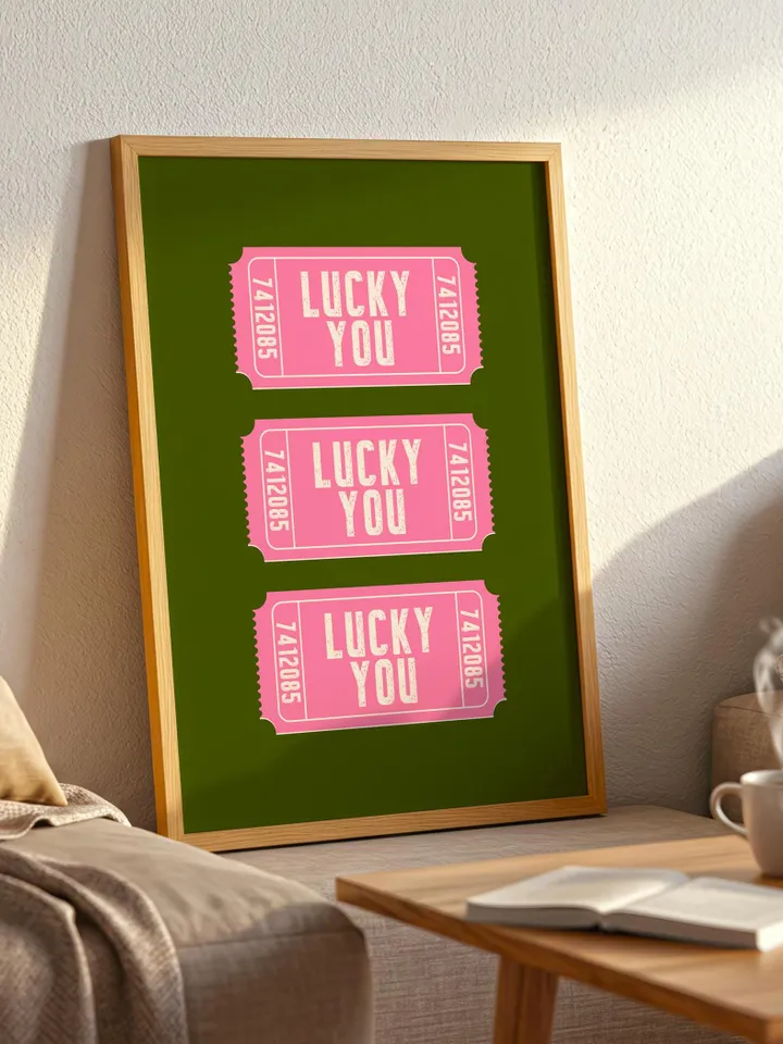 Lucky You Ticket Printable Wall Art, Personalized and Customizable, Retro Pink Tickets, Playful Girly Decor, Digital Download poster