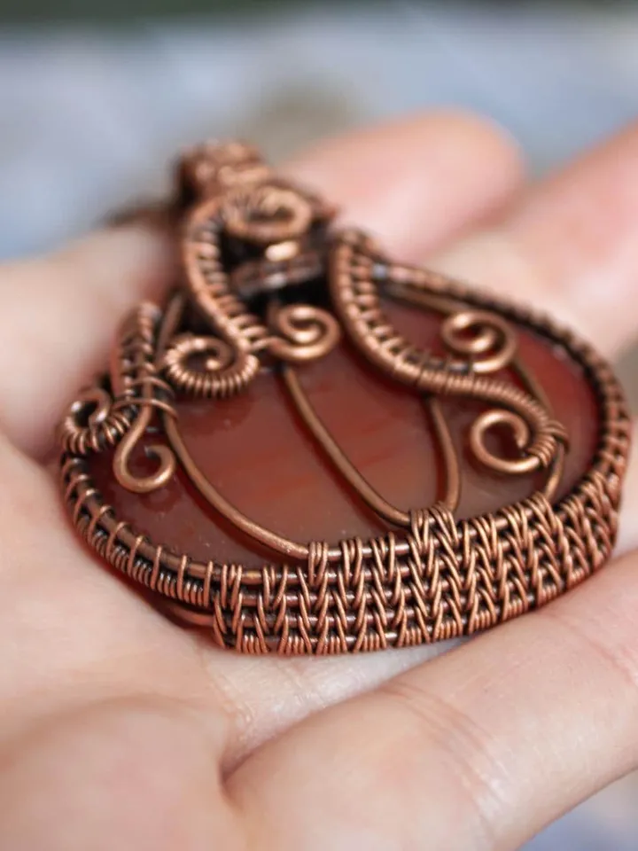 Elegant Handmade Pendant with Natural Stone in Copper Wire Wrapping