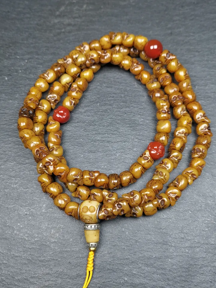 Gandhanra Old Tibetan Yak Bone Kapala Mala,108 Citipati Skull Shape Prayer Beads for Meditation and Prayer,16 Inches Length