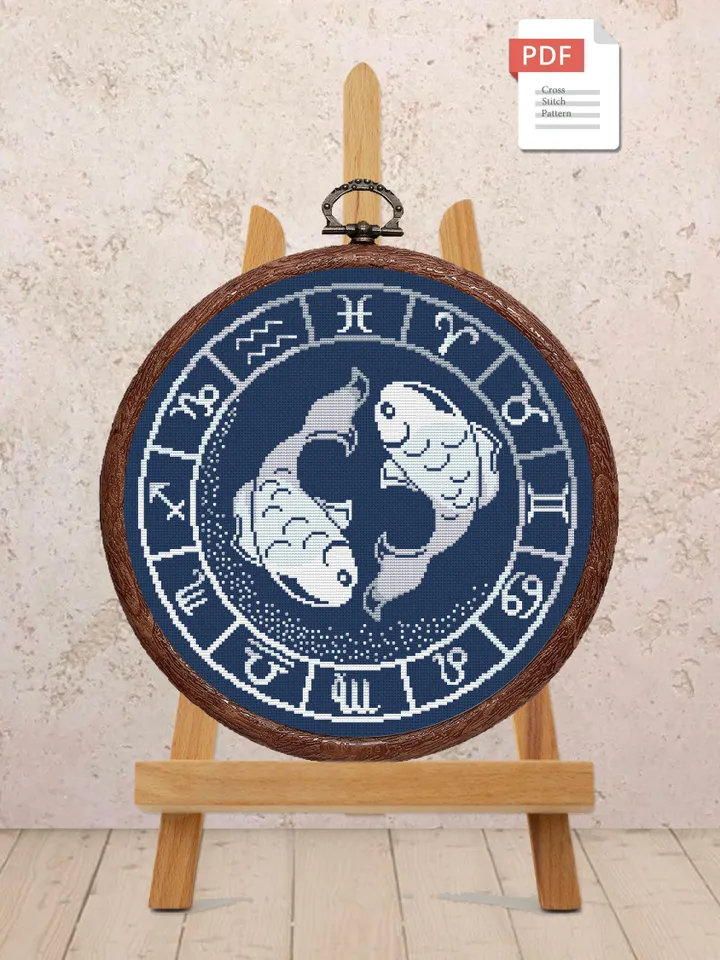 Pisces Silver Cross Stitch Pattern, Zodiac Cross Stitch, Astrology Cross Stitch, Pisces Pattern, Zodiac Sign Cross Stitch #zdc025