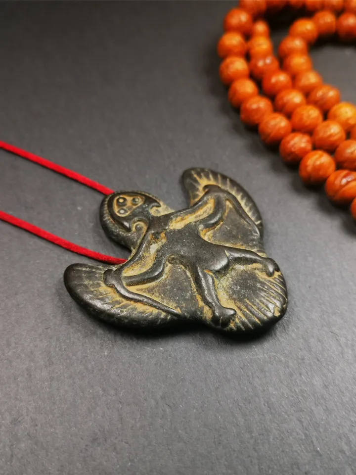 Gandhanra Antique Tibetan Buddhist Amulet Pendant,Garuda,Garula,Suparna,Golden-winged Bird,Made of Thokcha,1.93"