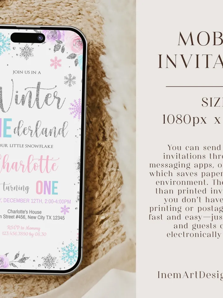 Winter Onederland Birthday Girl Invitation, Winter Wonderland 1st Birthday Invitation, First Birthday Snowflake Editable Template i098