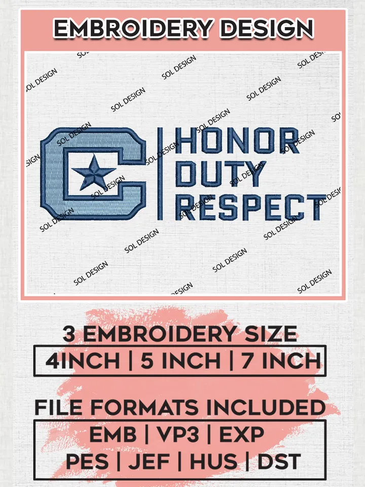 NCAA Honor Duty Respect Team Logo Embroidery Design Files, NCAA The Citadel Bulldogs Machine Embroidery, NCAA Teams, 3 sizes, NCAA Machine embroidery designs, Digital Download