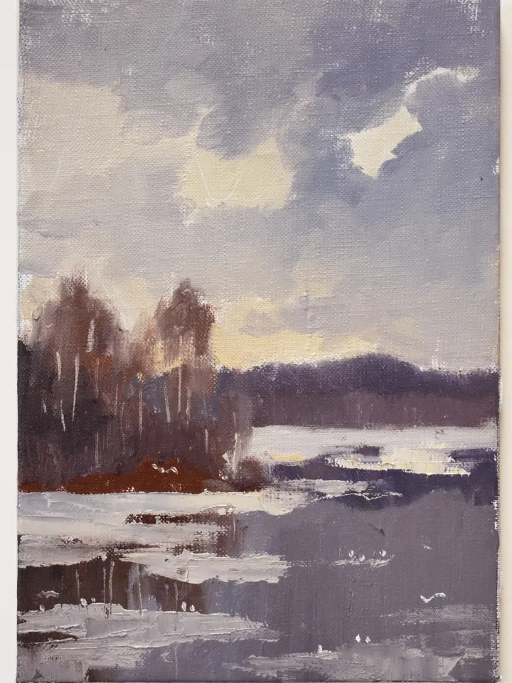 Winter lake landscape oil painting original. Small painting