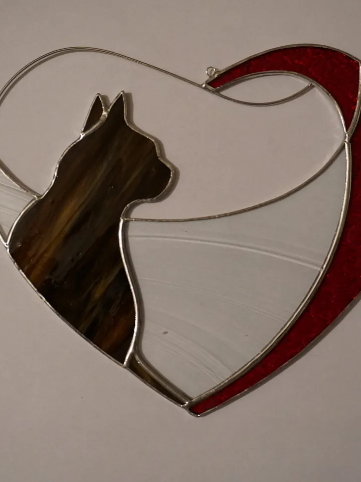 Black Cat in Red Heart . Art stained glass window hanging Suncatcher . Gift for animal lover , pet loss memorial