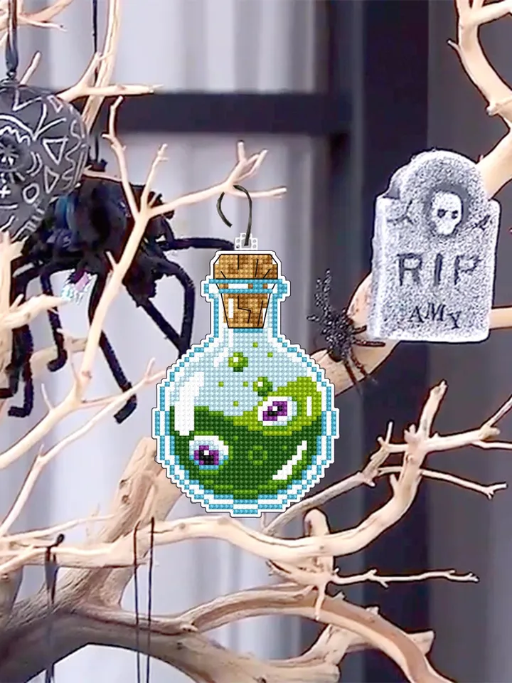Potion bottle cross stitch pattern PDF download Double-sided Halloween ornament cross stitch chart, Halloween tree decor, Witch bottle #H72