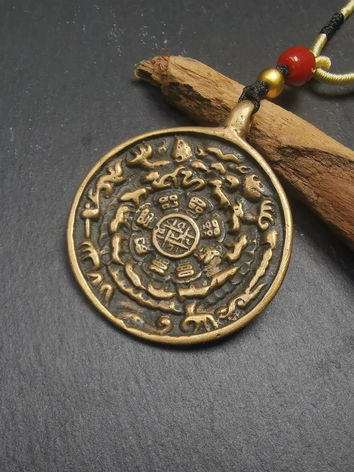Gandhanra Vintage Tibetan Buddhist Calendar Amulet Sipaho Badge - Lima Brass Melong Mirror Protective Charm Feng Shui Pendant,43mm