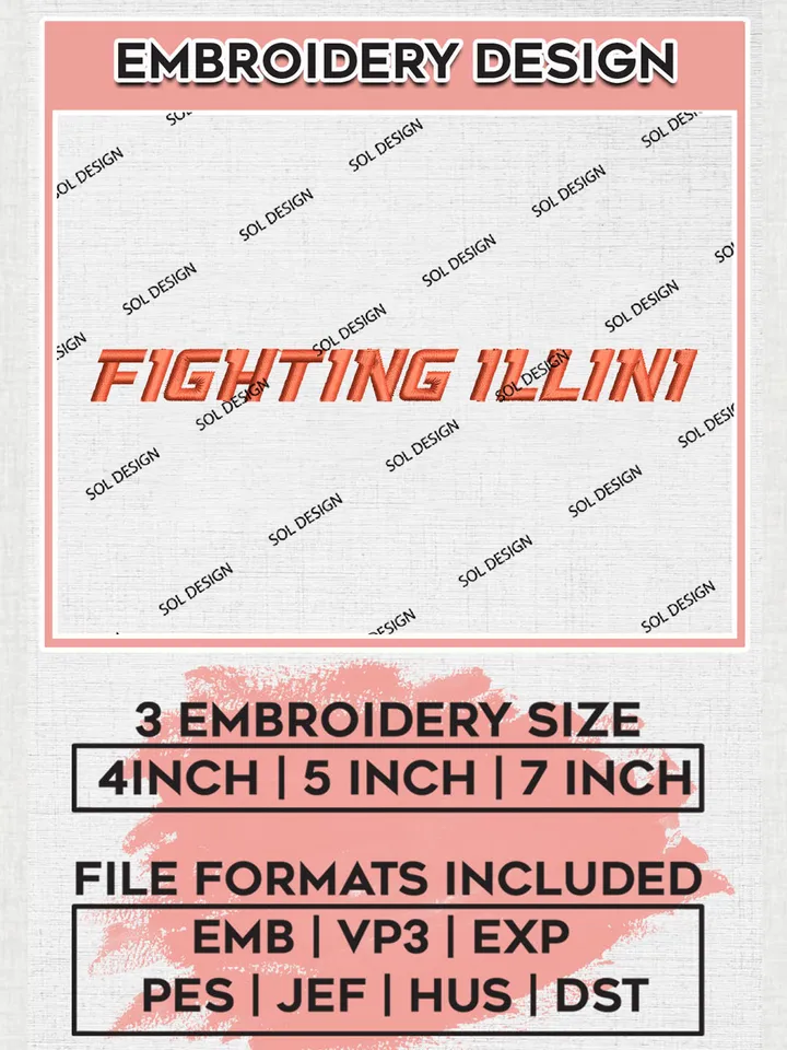 NCAA Fighting Illini Team Writing Logo Embroidery Design Files, NCAA Illinois Fighting Illini Machine Embroidery, NCAA Teams, Game Day, 3 sizes, NCAA Machine embroidery designs, Digital Download