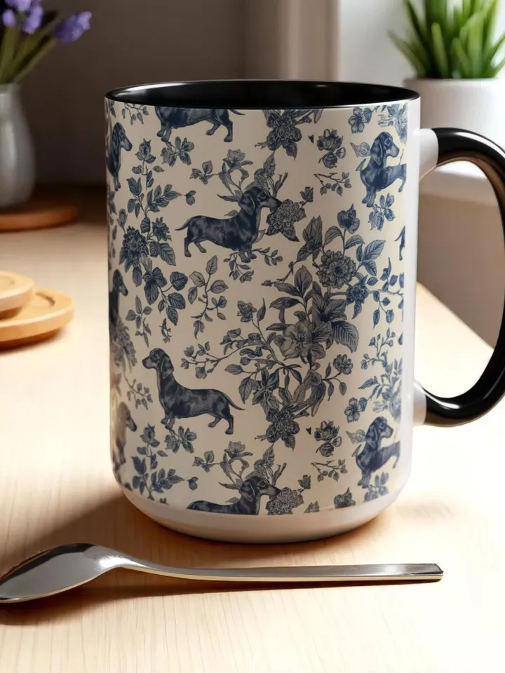 Dachshund French Toile de Jouy Ceramic Mug, Toile Coffee Cup for Doxie Mom, Sausage Dog Lover Gifts, Dog Tea Drinkware, Gift For Dog Lovers