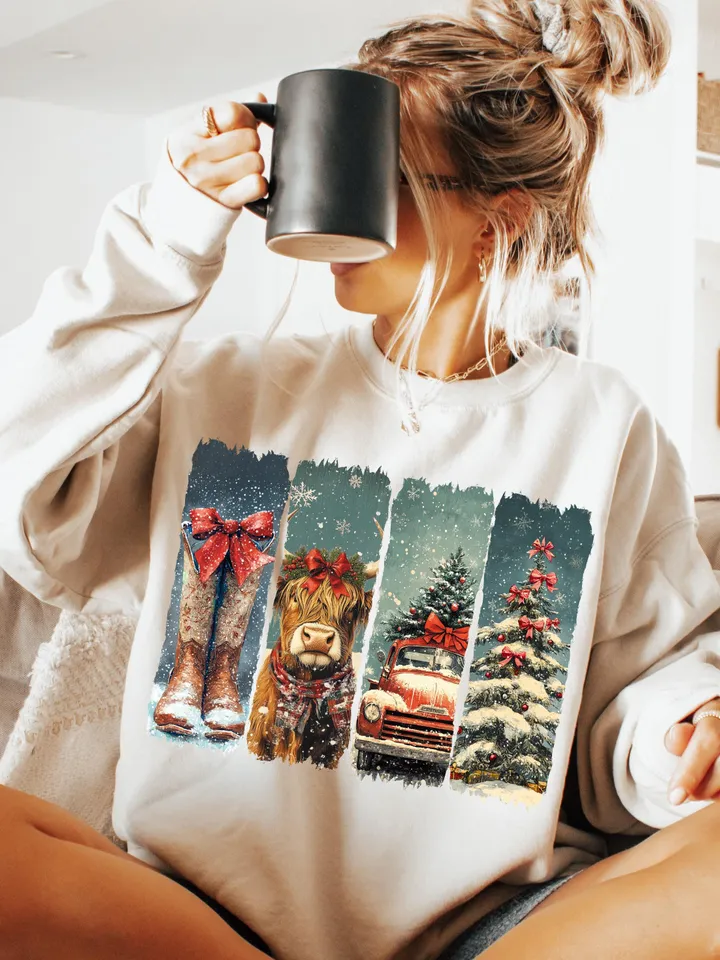 Vintage small town christmas PNG, Cowgirl Png, Small town girl Christmas PNG, highland cow Christmas png, Christmas western png