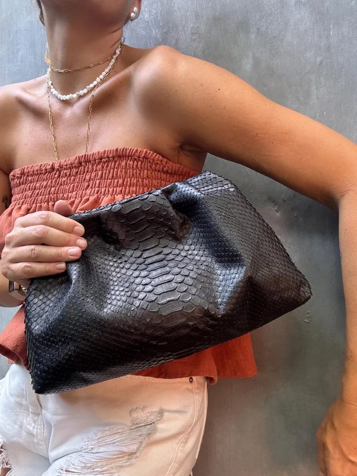 Genuine python skin black  pouch bag | exotic leather bags | medium size soft clutch | snake designer bag | gift for her | classy purse