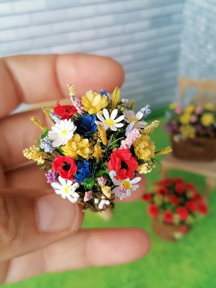Wildflowers in baskets. Puppet miniature.1:12 scale.