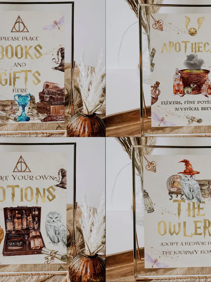 11 WIZARD SIGNS Wizard Baby Shower; Magic School Baby Shower template; The Owlery; The wand chooses the Wizard; Hats and Brooms; wh1