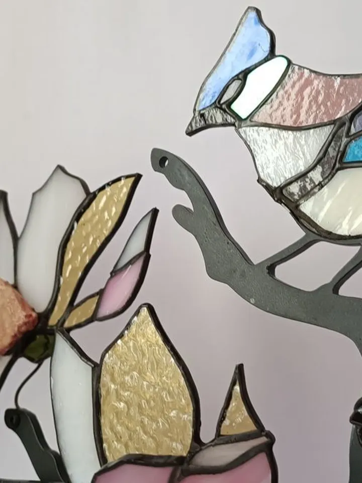 Jays on Magnolia Branch (Pink Large Flowers), Tiffany Stained Glass, Tiffany Glass Jay Birds on Magnolia Branch with Pink Blooms, Handcrafted Stained Glass Jays on Magnolia with Large Pink Flowers, Tiffany-Style Glass Art,Tiffany Stained Glass Composition