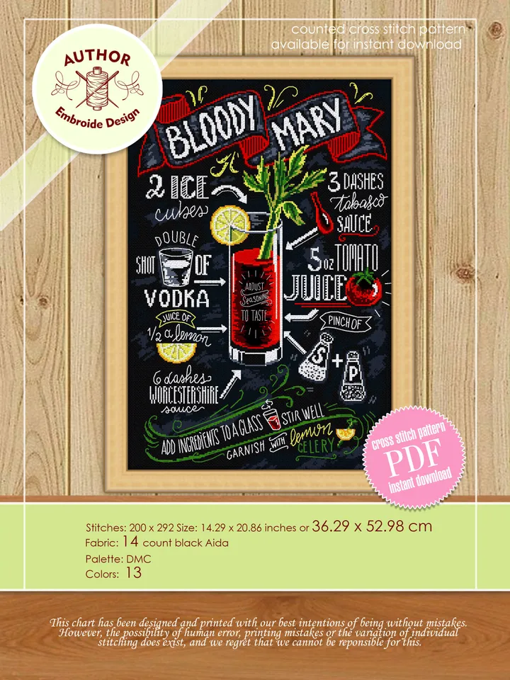 Recipe Bloody Mary cocktail cross stitch pattern PDF download Drink cross stitch chart, Bar decor, Alcohol cocktail pattern digital PDF #F10
