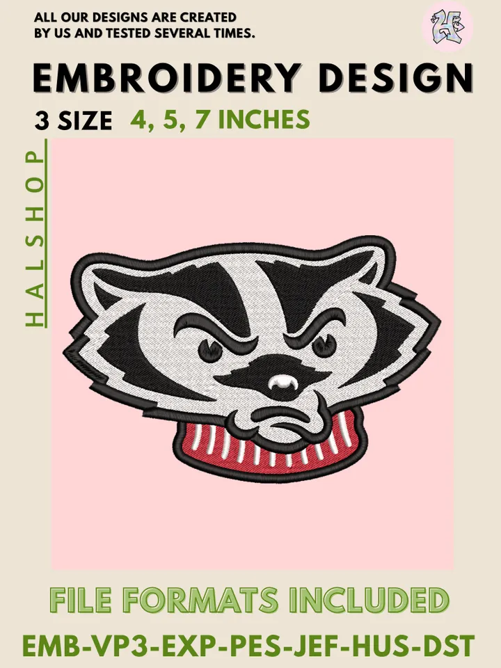 Wisconsin Badgers NCAA Team Logo Embroidery Design Files – College Sports Machine Embroidery, Game Day Pattern, 3 Sizes, Digital Instant Download