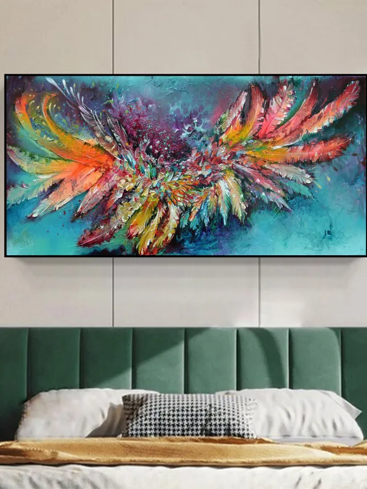 Original Painting On Cnavas, Abstract Colorful Feathers Painting, Boho Wall Decor, Large Wall Art, Modern Art, Office Living room Wall Decor