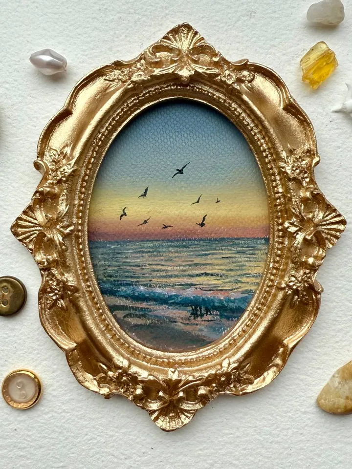 Ocean Sunset Landscape Oil Painting Original In Vintage Style Frame Small Framed Antique Style Painting Art Vintage Seascape Painting Coastal Artwork