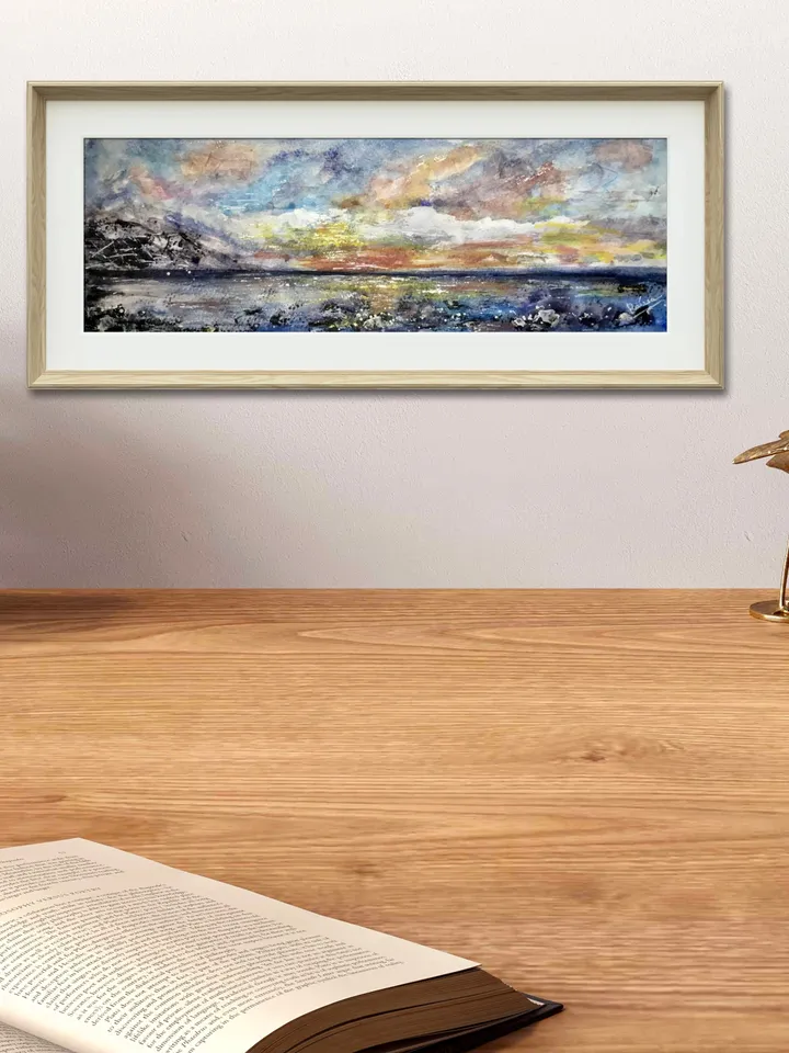 Set of 2 semi-abstract landscapes,original watercolor panoramic paintings,seascape,mountains wall art,modern home decoration,art gifts.