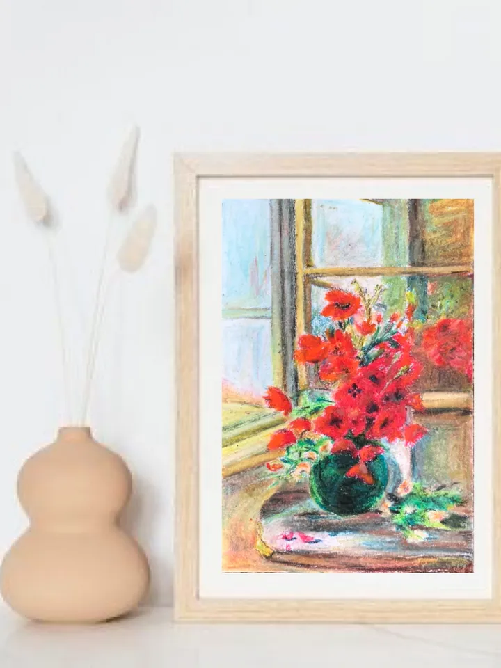 Bouquet of poppies wall art Original oil pastel painting 8x11 inch