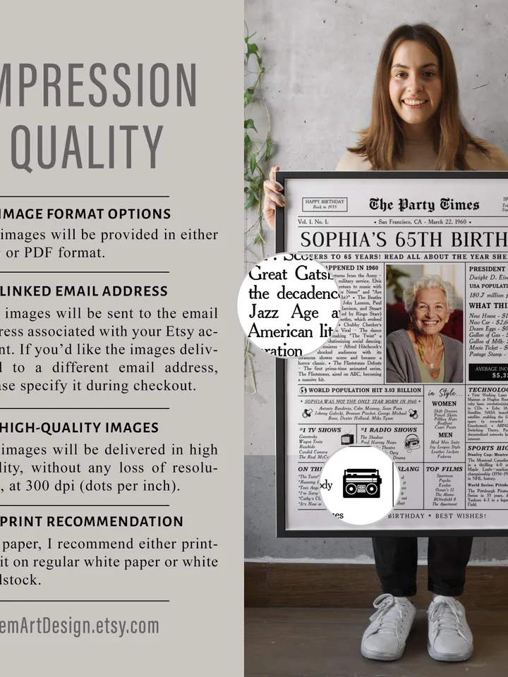 65th Birthday Gift for Men or Women, 1960 Newspaper Poster Sign PRINTABLE, 65th Birthday Newspaper, Back in 1960 Highlights, 1960 Fun Facts