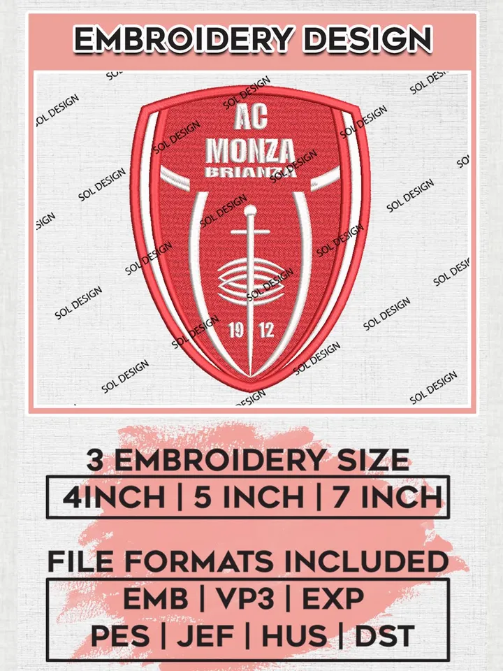 A.C. Monza Logo Embroidery Designs, Serie A Embroidery files, Serie A Monza Teams, Football, Digital Download