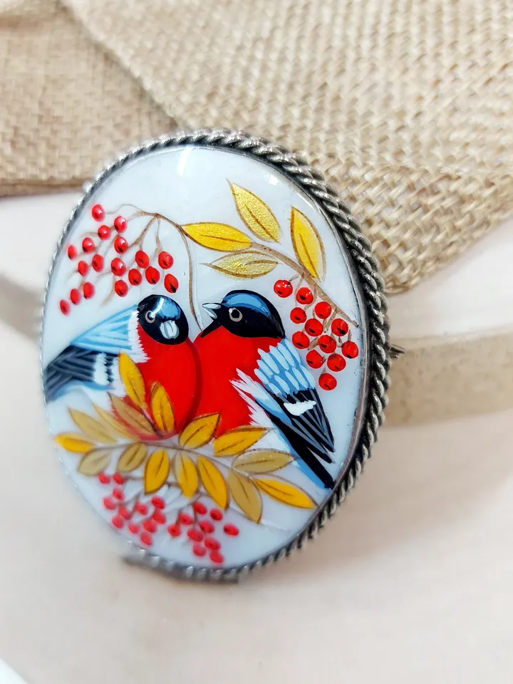Russian jewelry brooch: Bullfinches couple. Hand painted miniature. Russian fine art style Fedoskino on abalone shell. Gift art pin for her