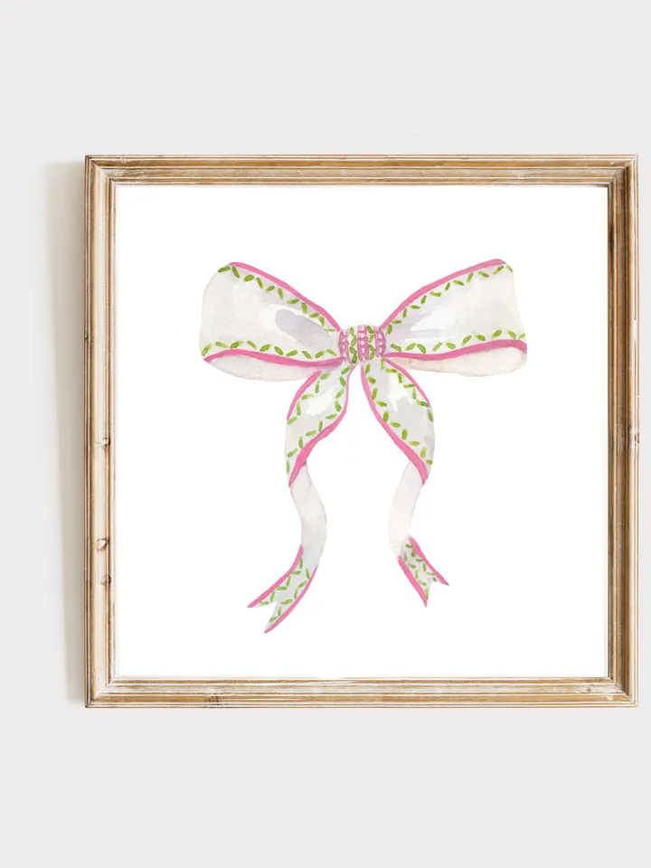 Pink Bow Watercolor Print, Baby Girl Gift, Nursery Room, Pink And White, Pink Bow Wall Art, Girly Wall Art, Vintage Bow, Green Bow Print
