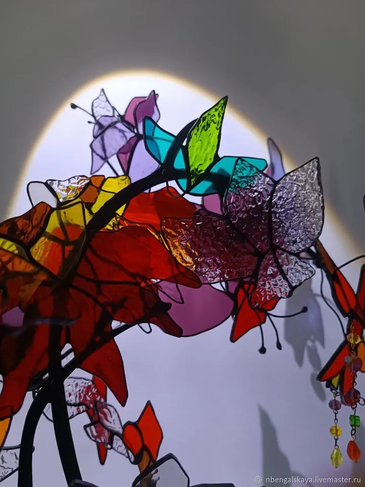 Vertical Flower Branch 3D, 3D Stained Glass Flower Branch, Vertical 3D Floral Stained Glass Branch, 3D Floral Branch in Stained Glass, Vertical Stained Glass Flower Composition in 3D, 3D Stained Glass Blossom Branch, Vertical 3D Flower Design