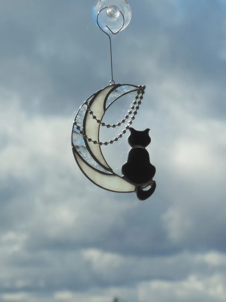 Black Cat On The Moon with Chains . Art stained glass window hanging Suncatcher . Gift for animal lover , pet loss memorial . White , black