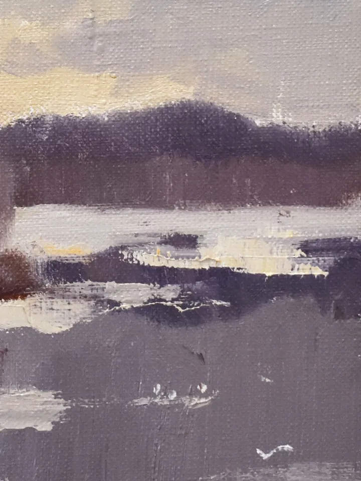 Winter lake landscape oil painting original. Small painting