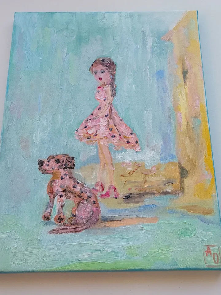 "Walking with a dog" oil painting on canvas 30x40cm (12x16 inch)