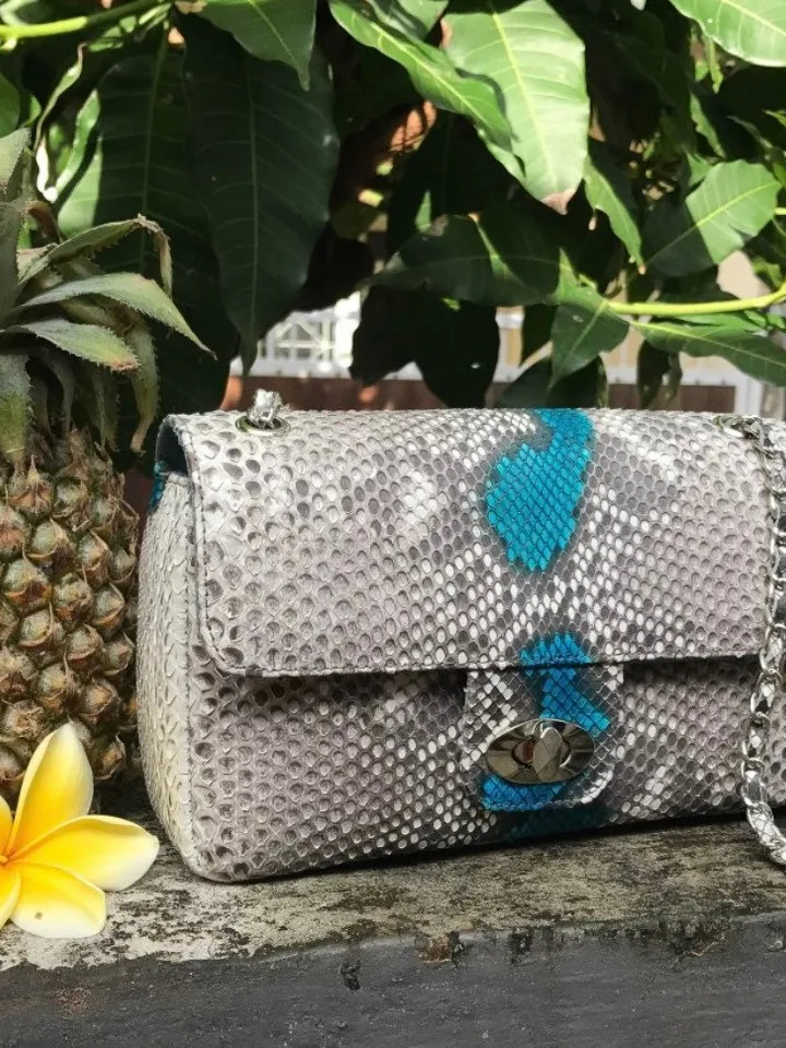 Gray and blue Genuine Python Skin Crossbody Chain Bag | Bright Summer Bag | Elegant Women Bag | Chain Strap Crossbody Deep classy Purse